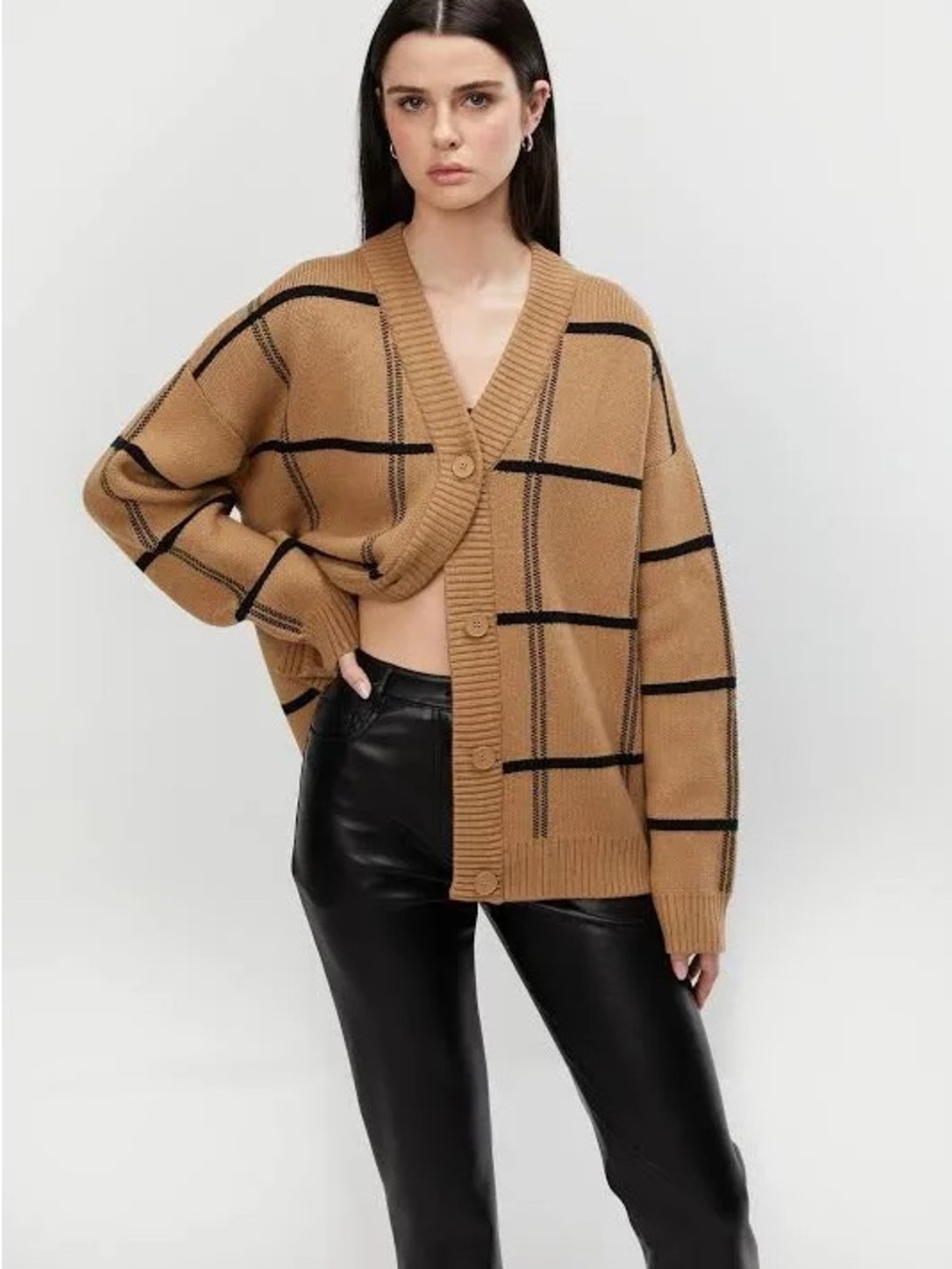 Oak & Fort Oversized Plaid Cardigan in M - Camel and Black